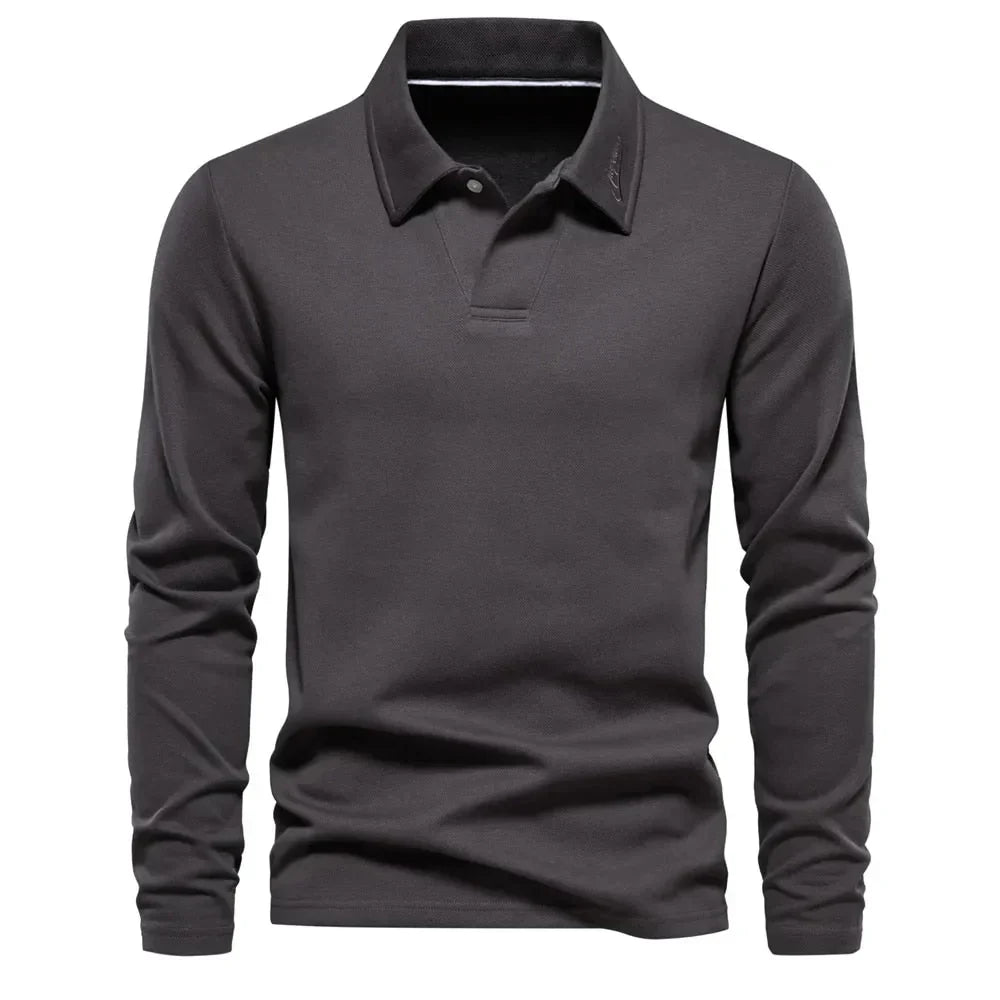 Comfortable men's long-sleeve polo sweater, an essential knit top for modern casual fashion.