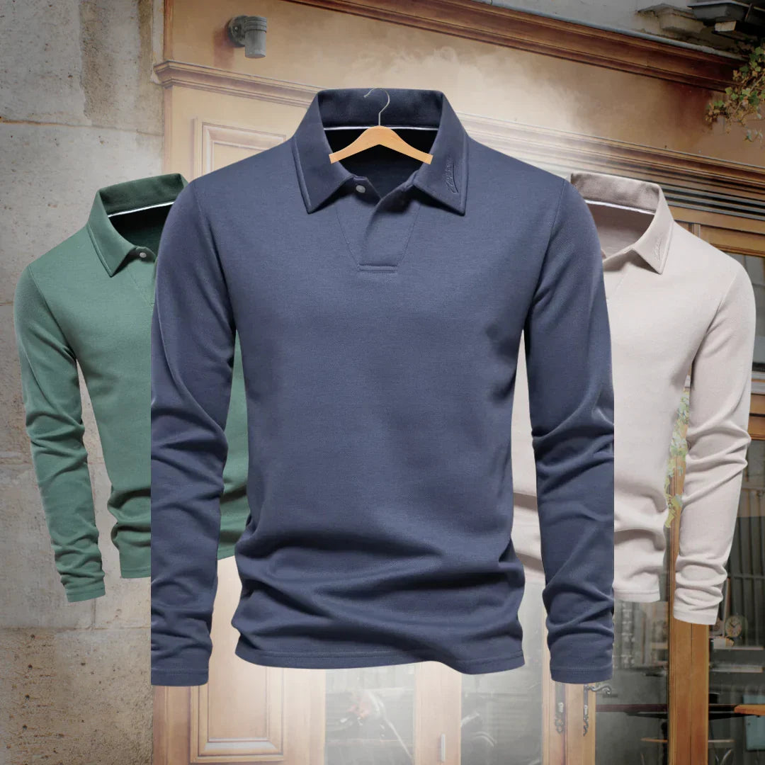 Men's casual long-sleeve polo sweater, a comfortable knit top for everyday smart-casual fashion.