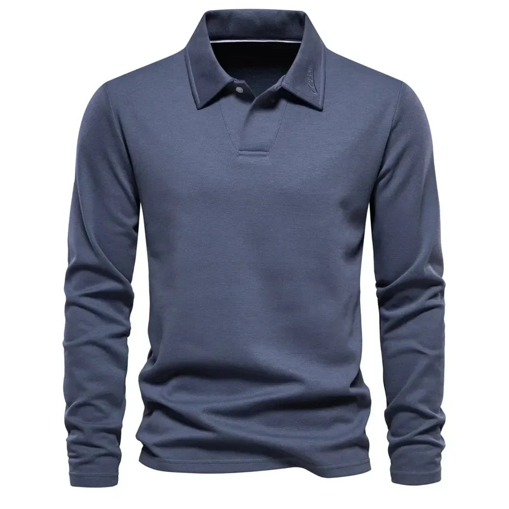 Classic men's long-sleeve polo knit sweater, perfect for versatile everyday wear and smart casual style.
