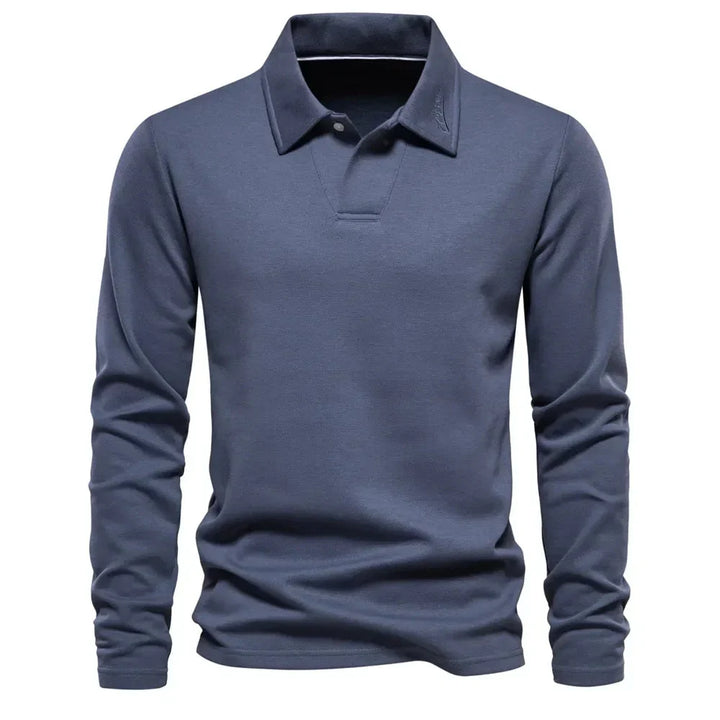 Classic men's long-sleeve polo knit sweater, perfect for versatile everyday wear and smart casual style.