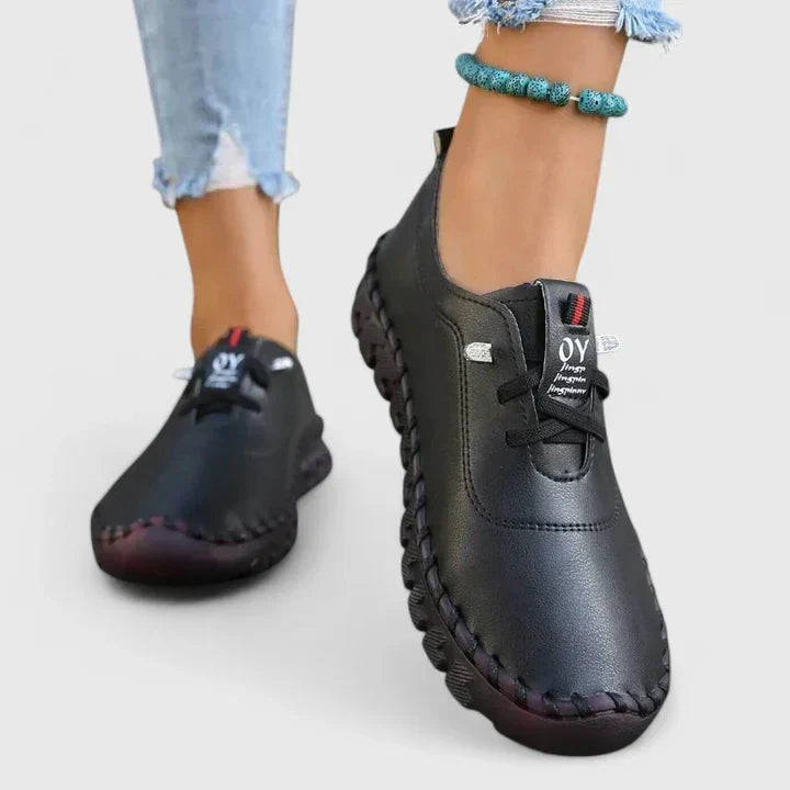 Elegant women's comfort shoes with shock-absorbing orthopedic design, arch support, and adjustable fit.