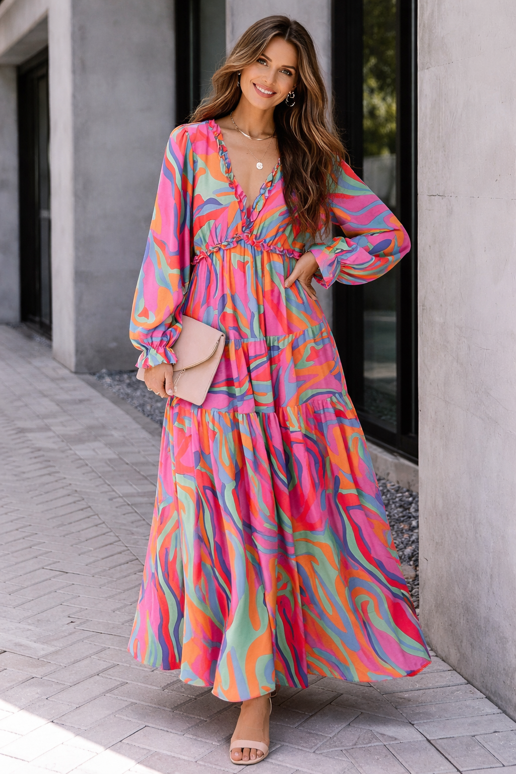 Beautiful women's floral long sleeve maxi dress with V-neck and ruffles, a stunning choice for special occasions.