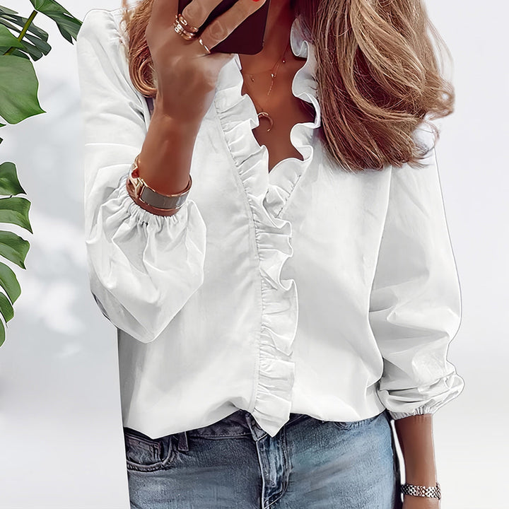 Chic women's lotus leaf blouse, a versatile spring summer top for casual or office wear.