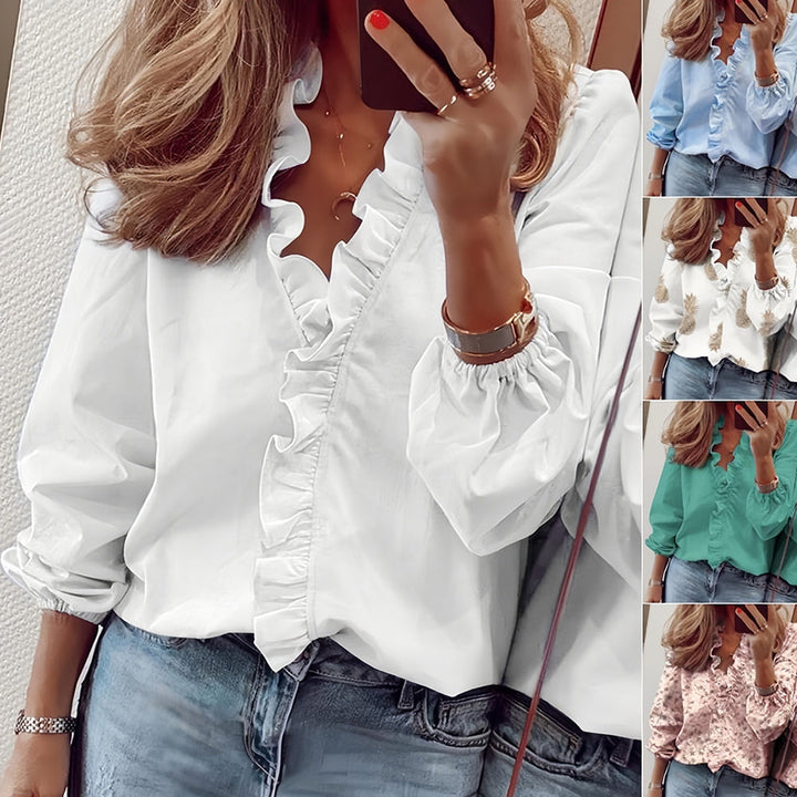 Women's elegant lotus leaf short sleeve blouse with ruffle collar, perfect for spring & summer.