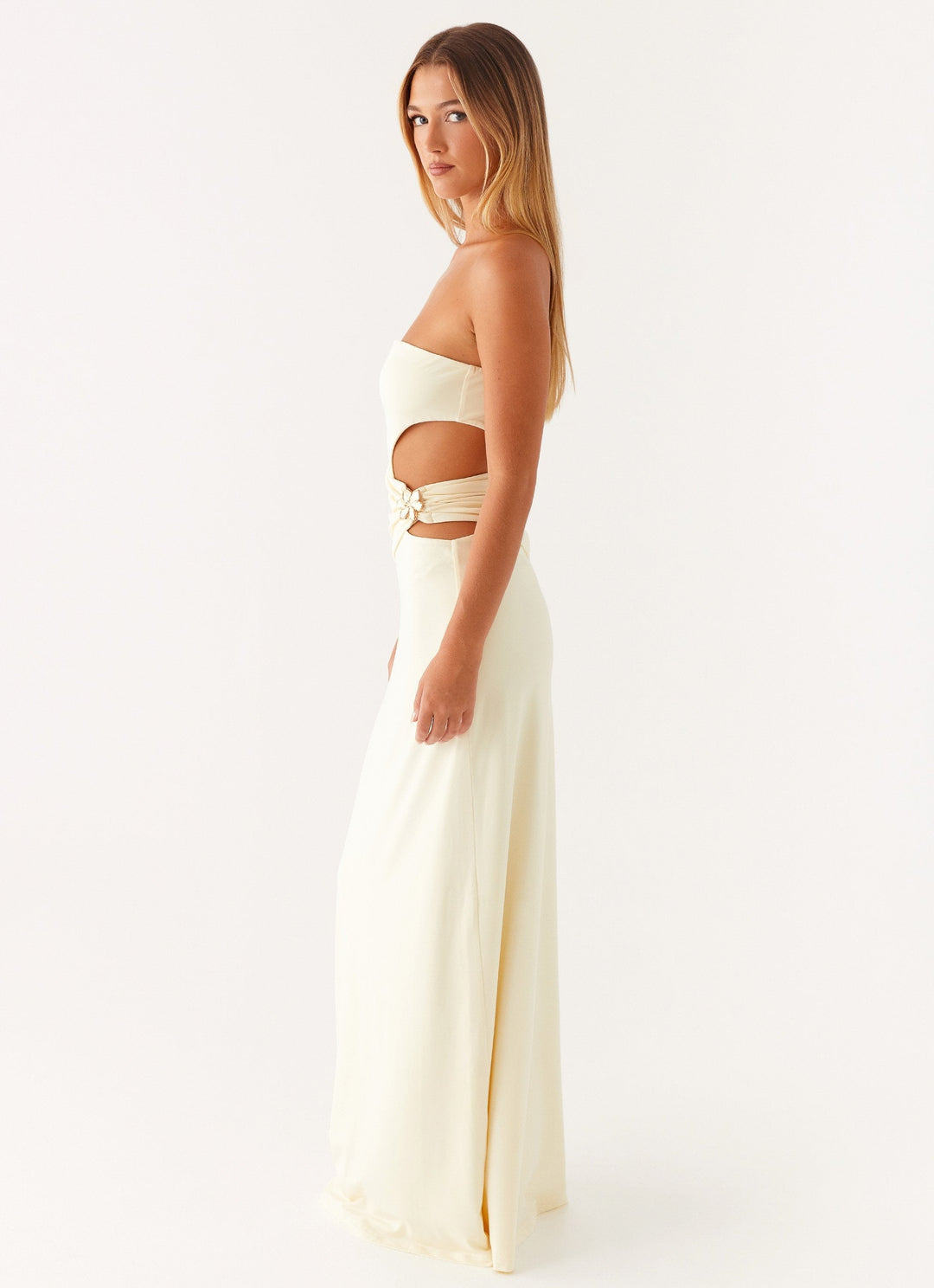 Vibrant yellow strapless ruched maxi dress, ideal for wedding guests, cocktail parties, or a chic summer look.