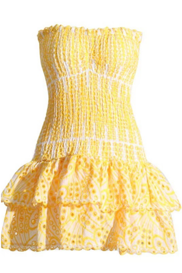 Elegant yellow strapless ruffle mini dress, a perfect choice for women's party & cocktail fashion.
