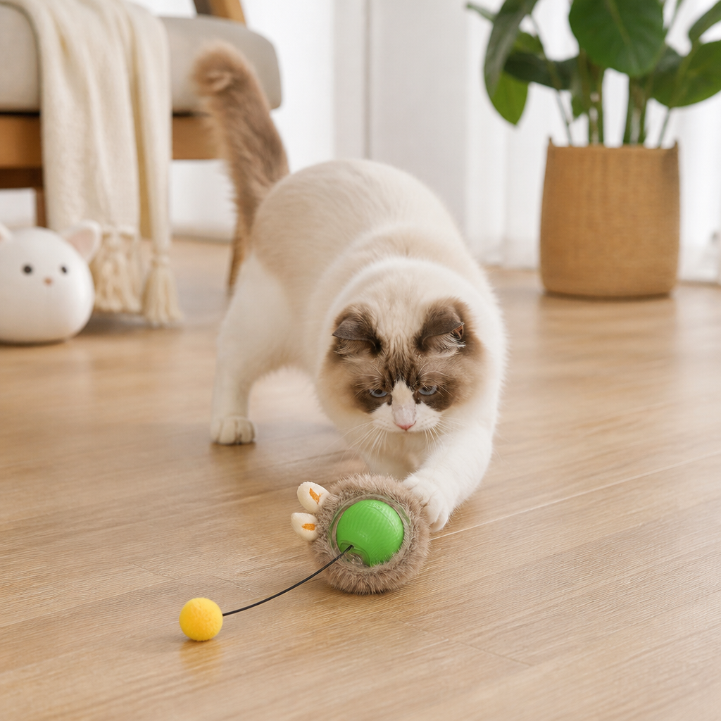 Fun interactive cat play ball with a wagging tail, ensuring pet exercise and enrichment for your feline.
