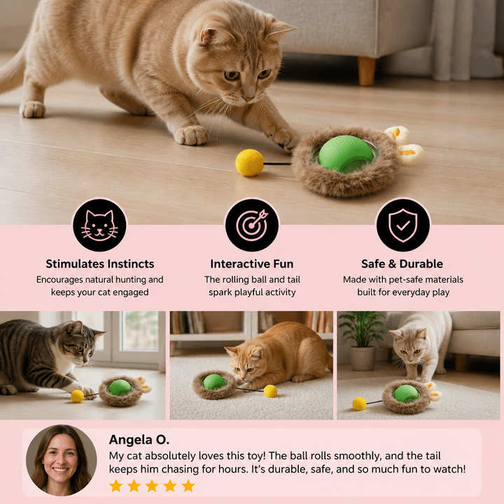 Plush cat play ball with an enticing tail, designed to spark your feline's natural hunting drive.