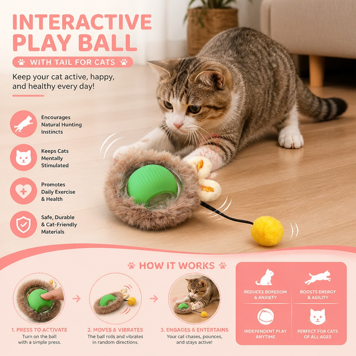Durable interactive cat toy ball with a moving tail, perfect for pet exercise & enrichment.