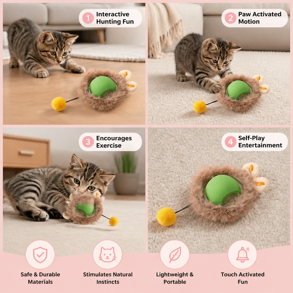 Automated interactive cat ball toy with a wagging tail for endless solo play & exercise.