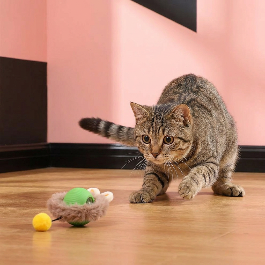 Interactive cat play ball with plush tail, stimulating feline hunting instincts for indoor cats.
