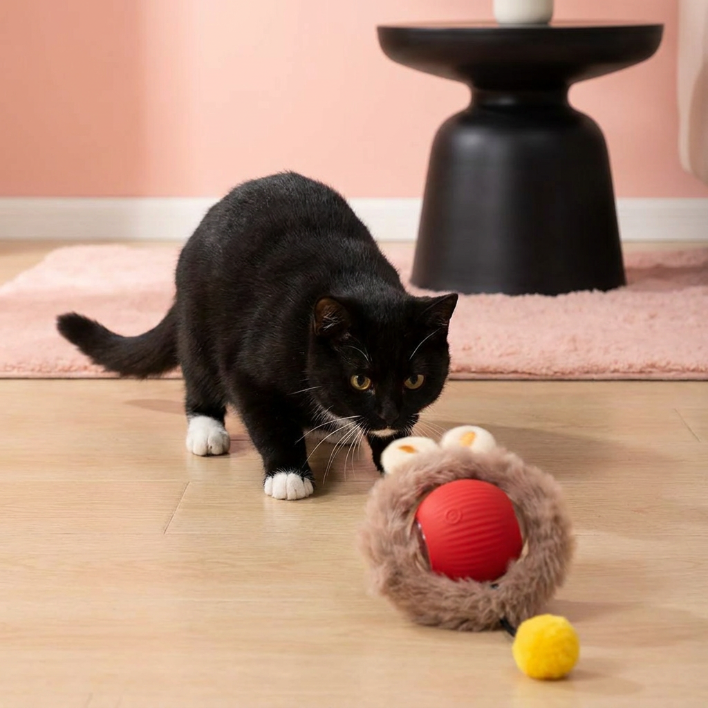 Durable interactive cat play ball with a long tail, providing hours of engaging entertainment.