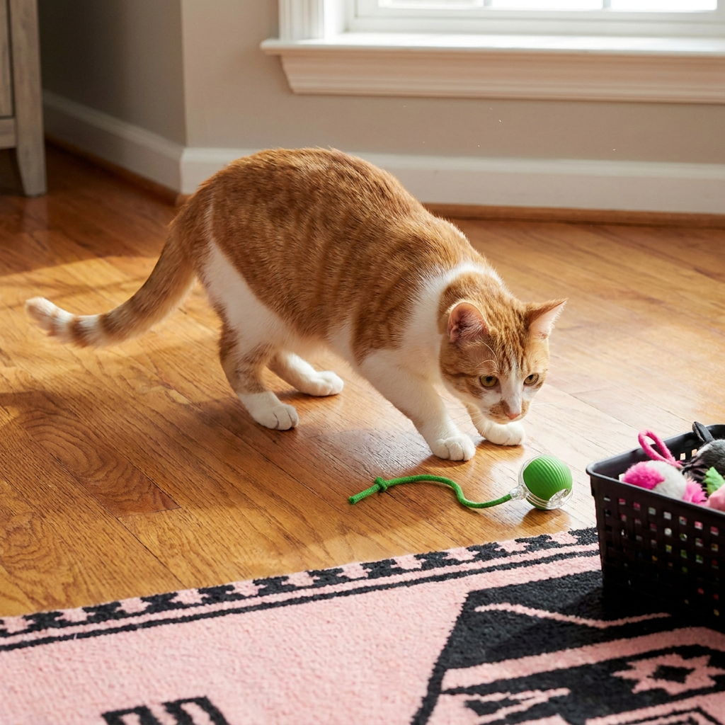 Cat play ball with a soft, swishing tail, an ideal interactive toy for indoor feline exercise.