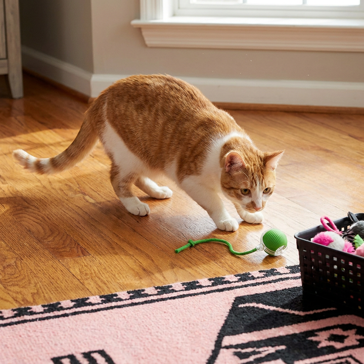 Cat play ball with a soft, swishing tail, an ideal interactive toy for indoor feline exercise.