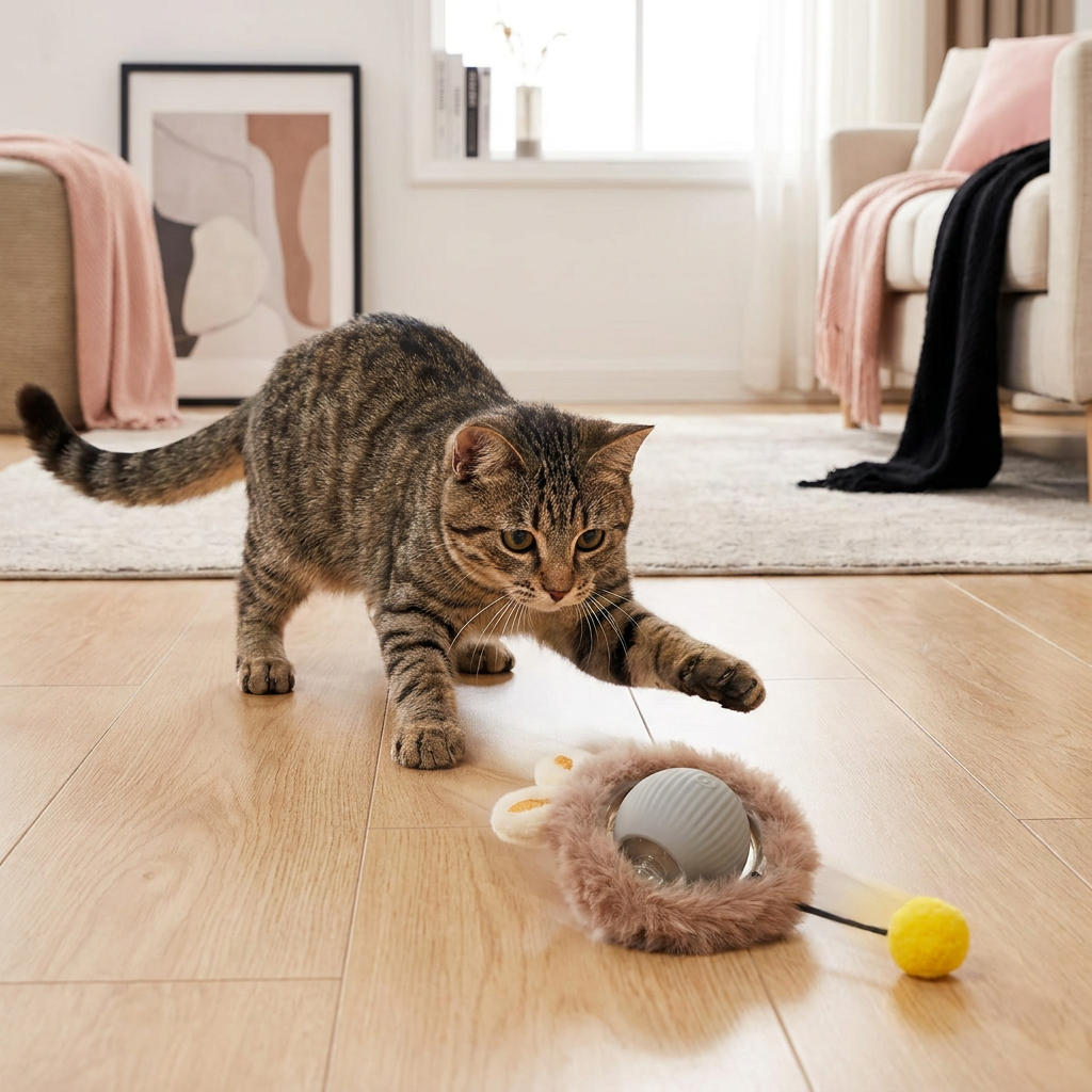 Vibrant interactive cat toy ball with a playful tail, encouraging natural pouncing & play.