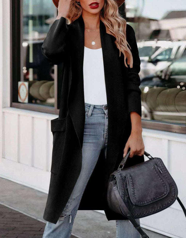 Elegant women's long open front cardigan, a versatile piece for relaxed fit layering & casual everyday fashion.
