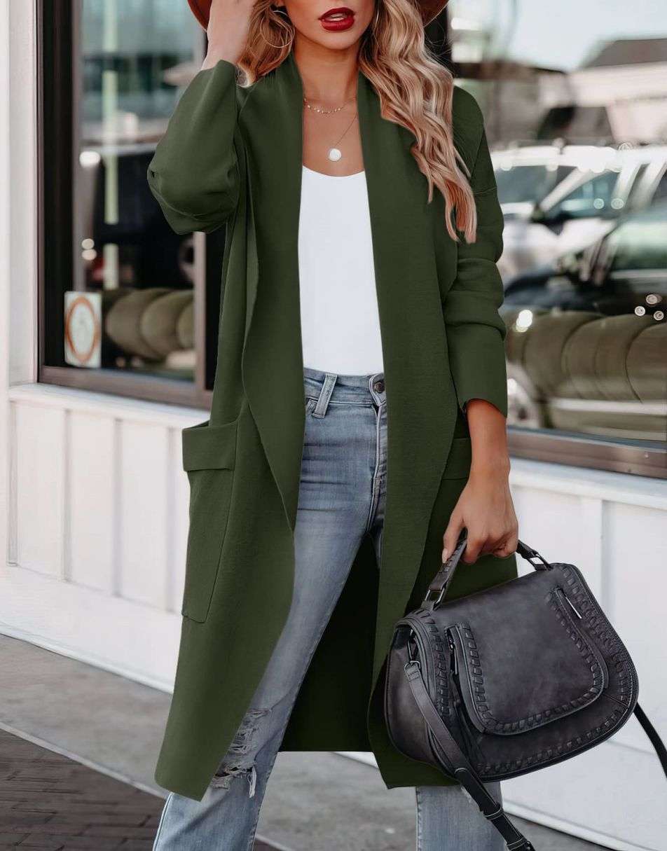 Chic women's long open front cardigan; an elegant, cozy, and versatile layering piece for casual everyday wear.
