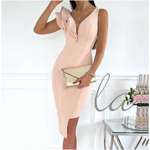 Elegant women's ruffle deep V-neck bodycon midi dress for evening or cocktail party. Sculpted fit, sleeveless.