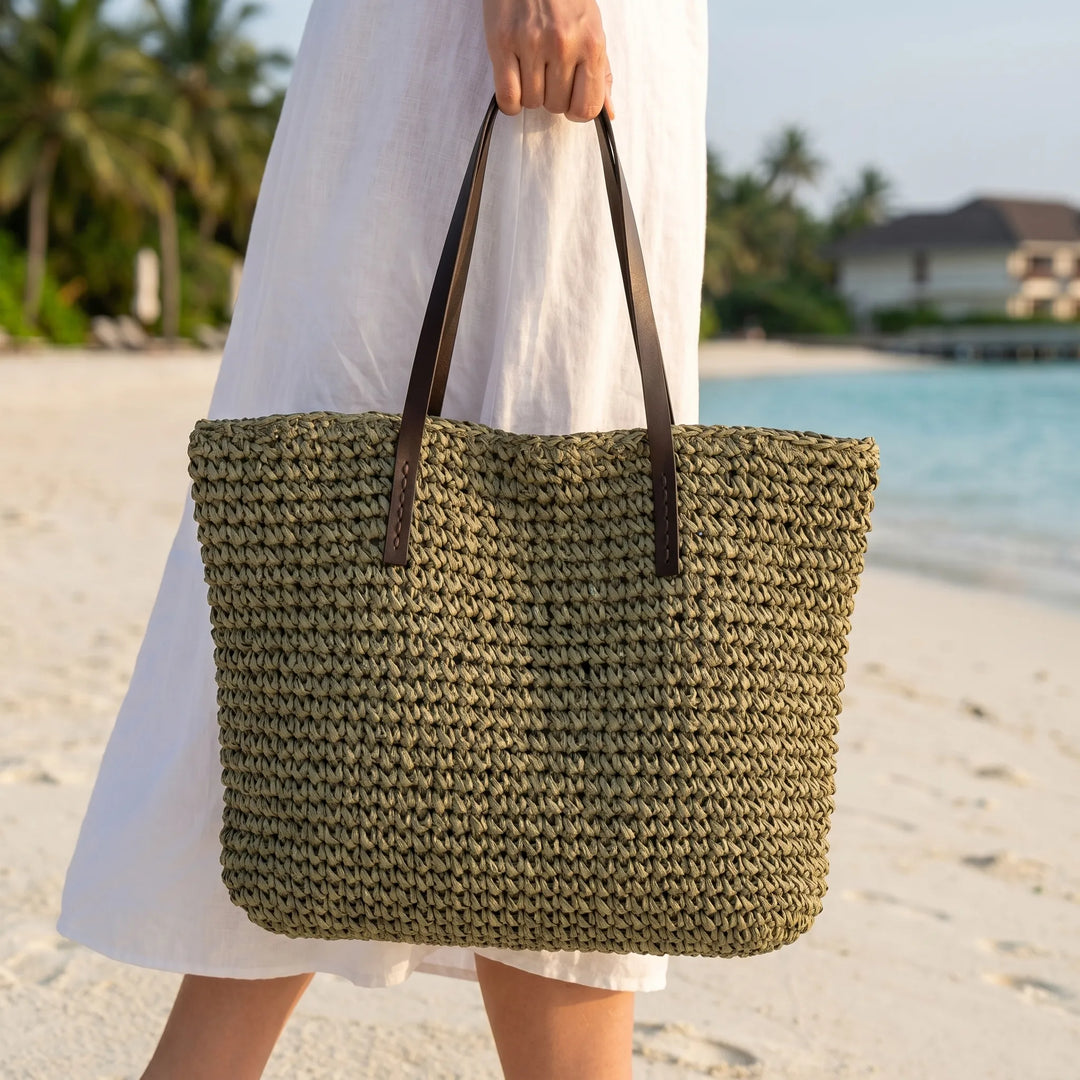 Women's boho woven beach tote bag, natural fiber, perfect for summer carryall.