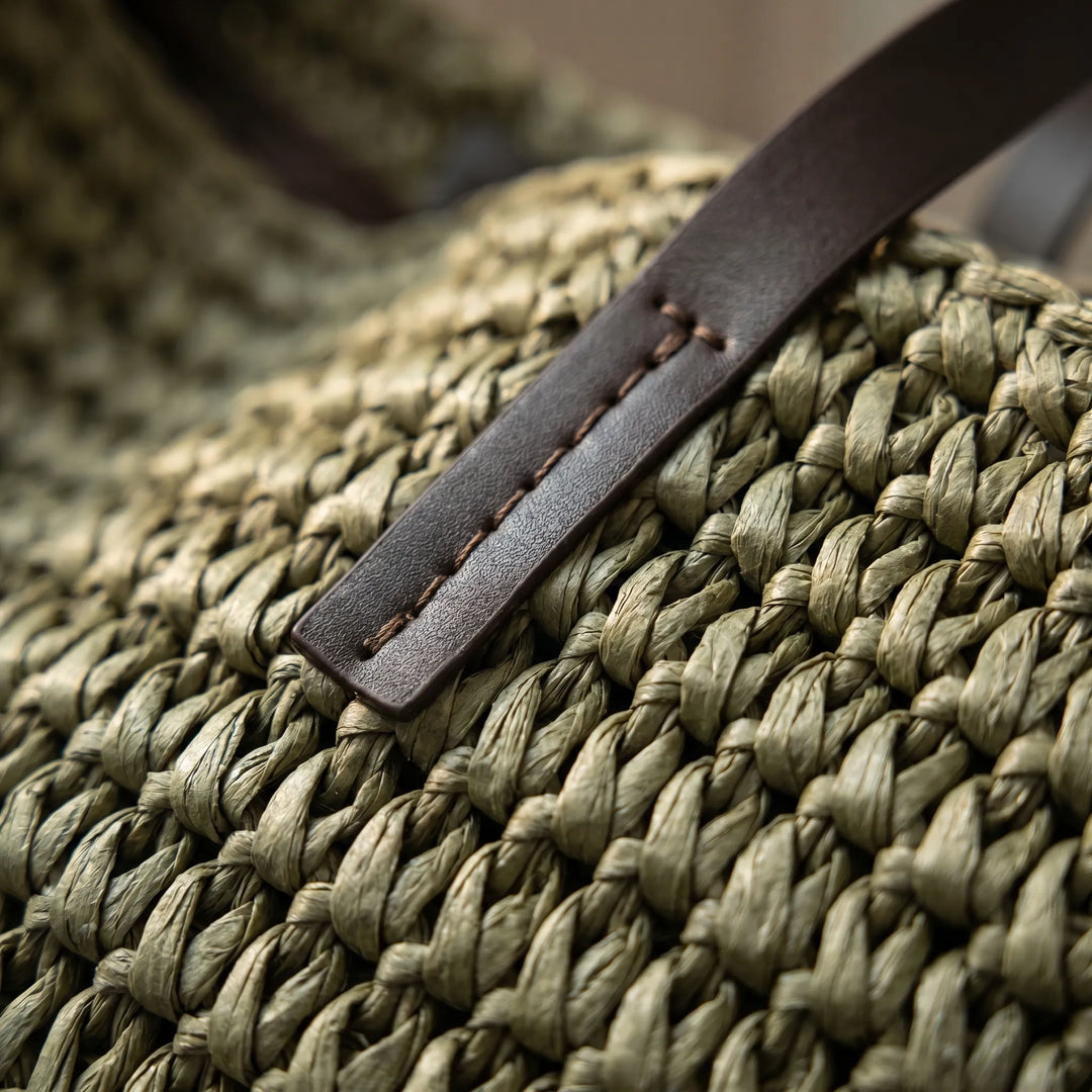 Khaki boho woven beach tote bag, stylish & casual summer carryall for women.
