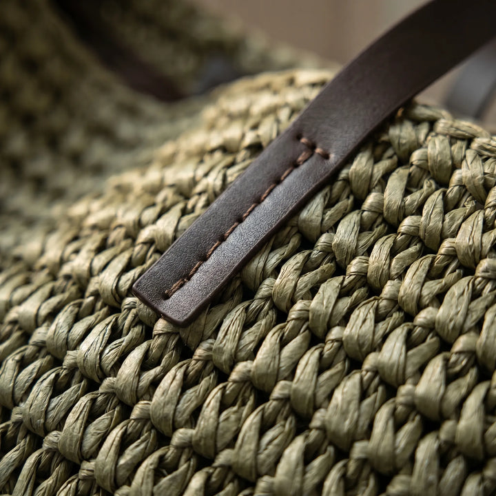 Khaki boho woven beach tote bag, stylish & casual summer carryall for women.