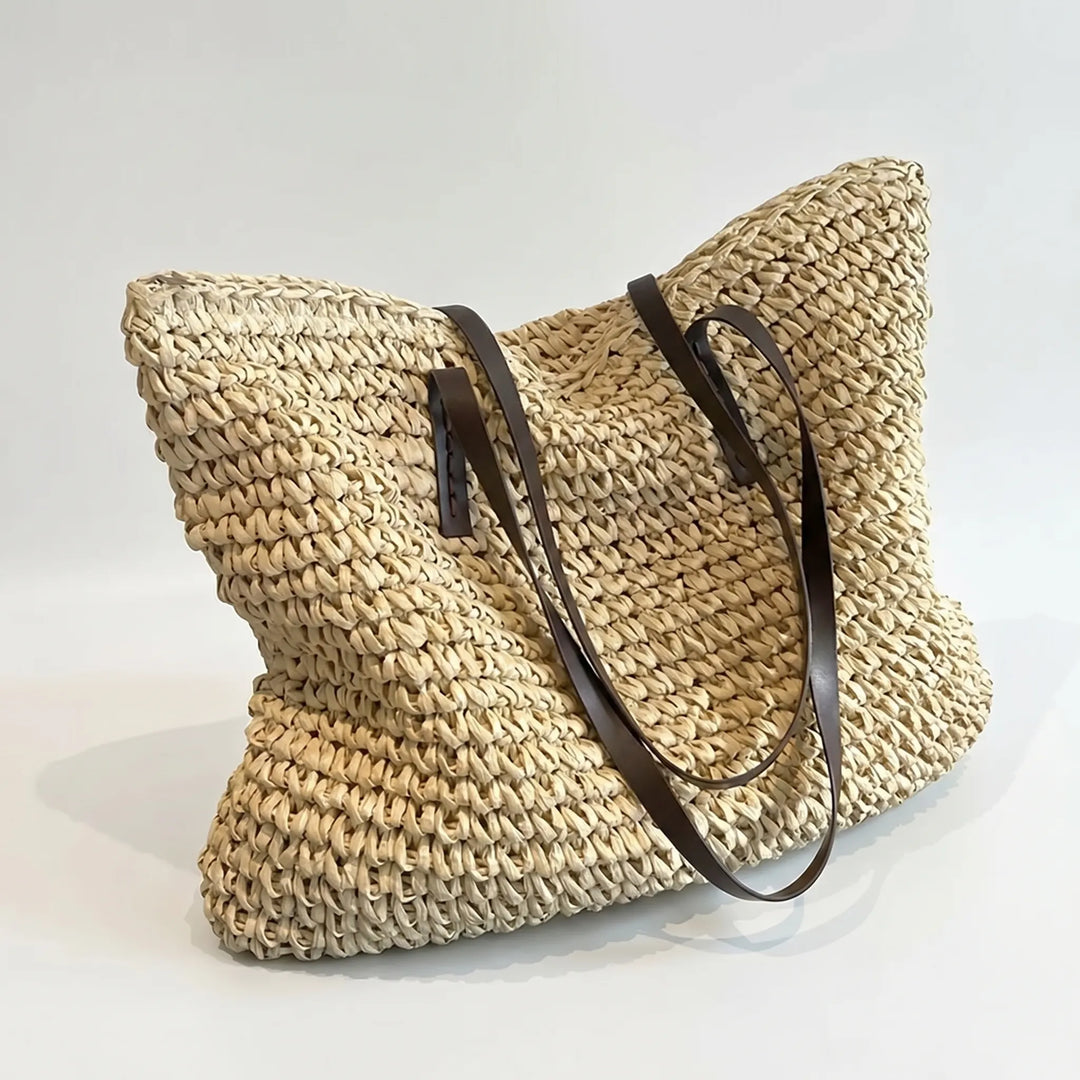 Beige woven beach tote bag with strong handles, large boho summer shoulder bag for women.