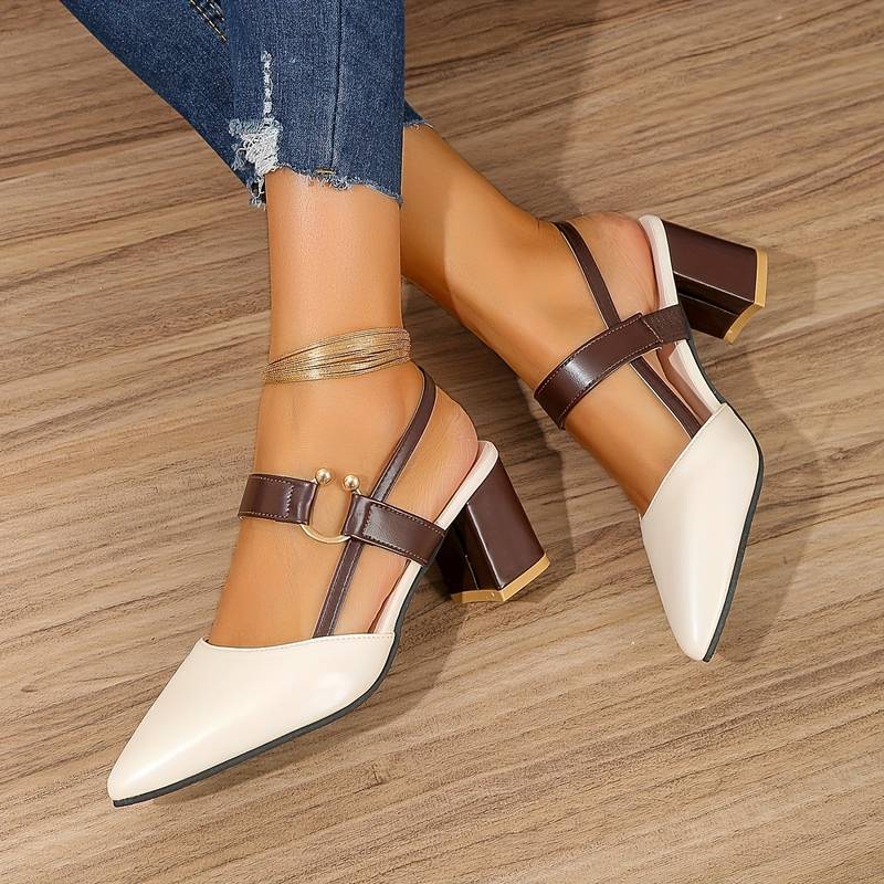 White women's orthopedic slingback block heels, elegant and comfortable for work.