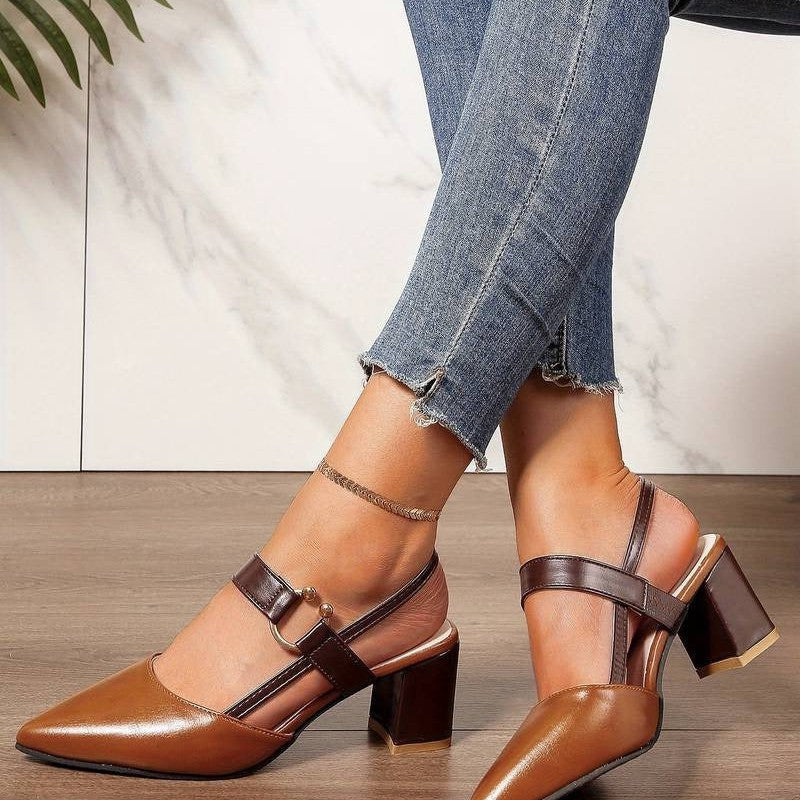 Stylish brown women's pointed toe slingback block heels, designed for orthopedic comfort.