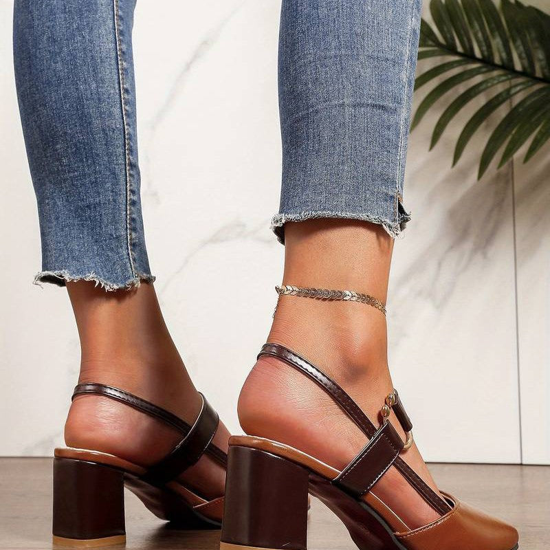 Chic brown slingback block heels for women, orthopedic and comfortable, with a pointed toe.