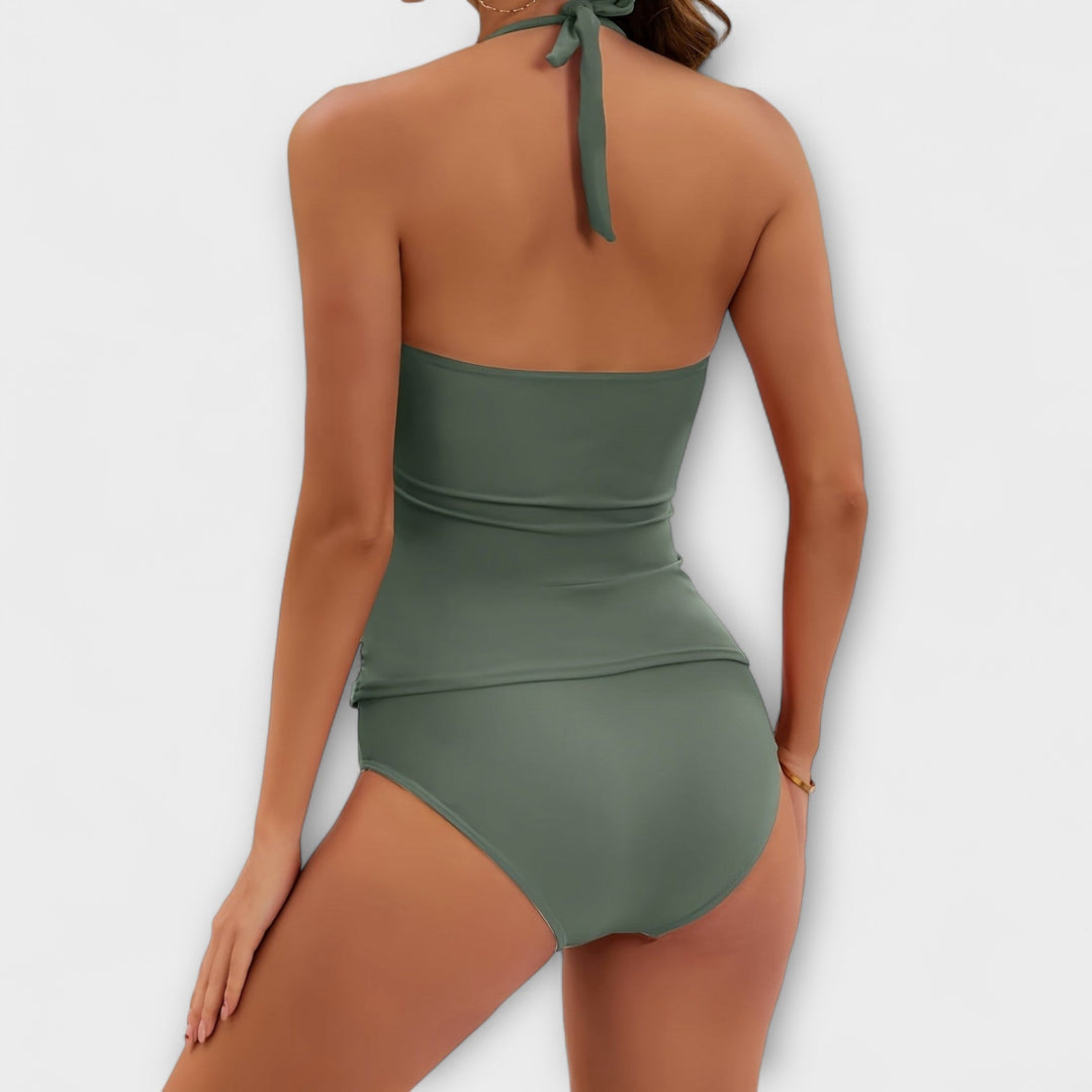 Summer-ready solid halter two-piece swimsuit for women, ideal for beach, pool & resort wear.