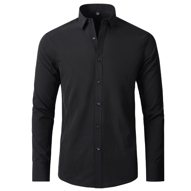 Stylish men's wrinkle-resistant slim fit dress shirt, ideal for office workwear. Comfortable stretch fabric & long sleeves.