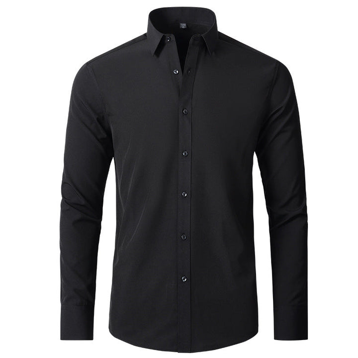Stylish men's wrinkle-resistant slim fit dress shirt, ideal for office workwear. Comfortable stretch fabric & long sleeves.