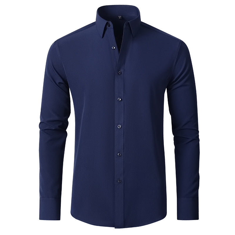 Modern men's slim fit dress shirt with stretch fabric, wrinkle-resistant for sharp business casual or formal looks.