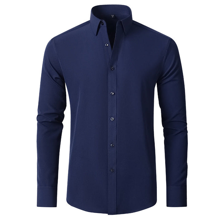 Modern men's slim fit dress shirt with stretch fabric, wrinkle-resistant for sharp business casual or formal looks.
