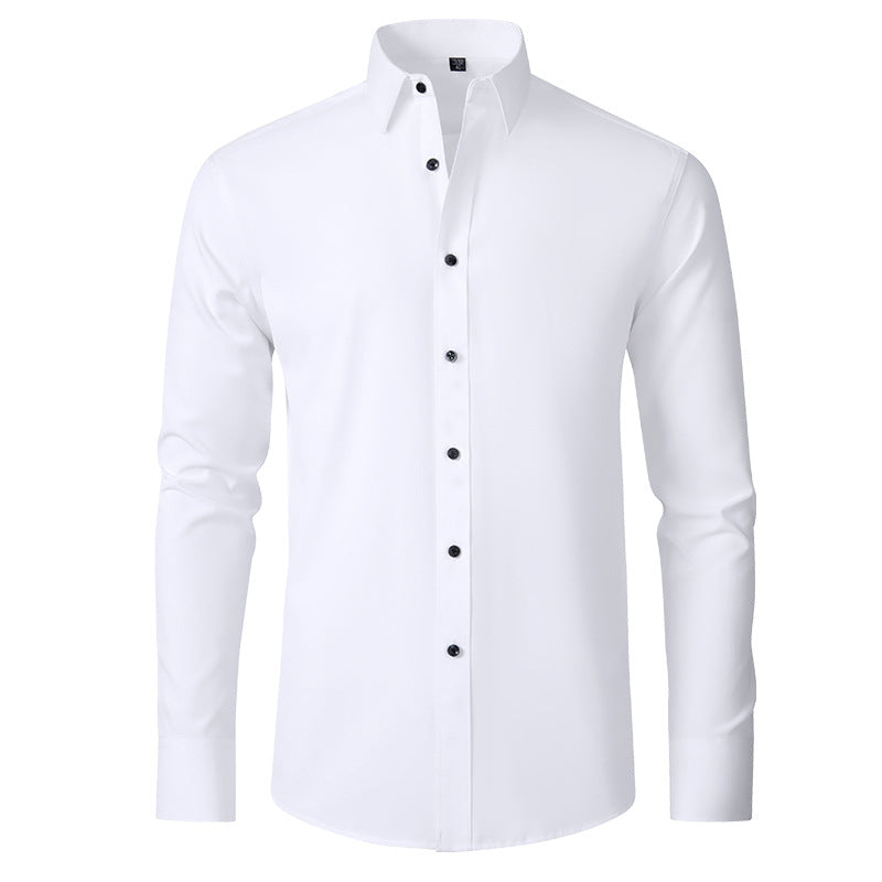 Men's slim fit wrinkle-resistant dress shirt in white, perfect for business casual or formal office wear. Long sleeve.