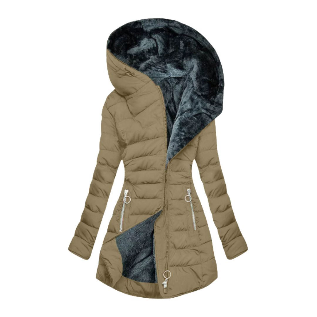 Fashionable women's hooded waterproof winter coat, providing superior warmth and protection against rain.