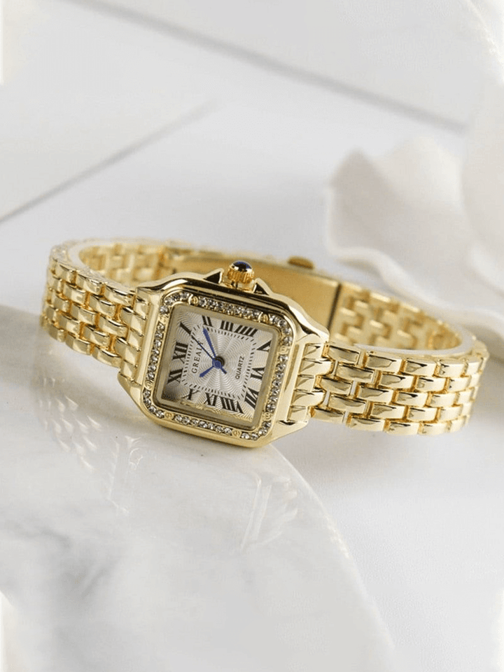 Luxurious gold women's square quartz watch with a sleek design, perfect for elegant fashion.