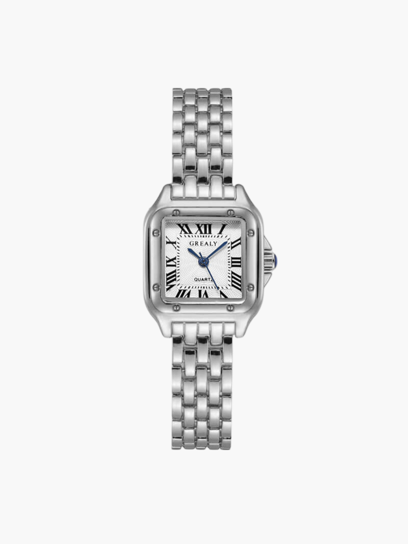 Woman wearing a sophisticated square quartz watch, showcasing its elegant design and precision.
