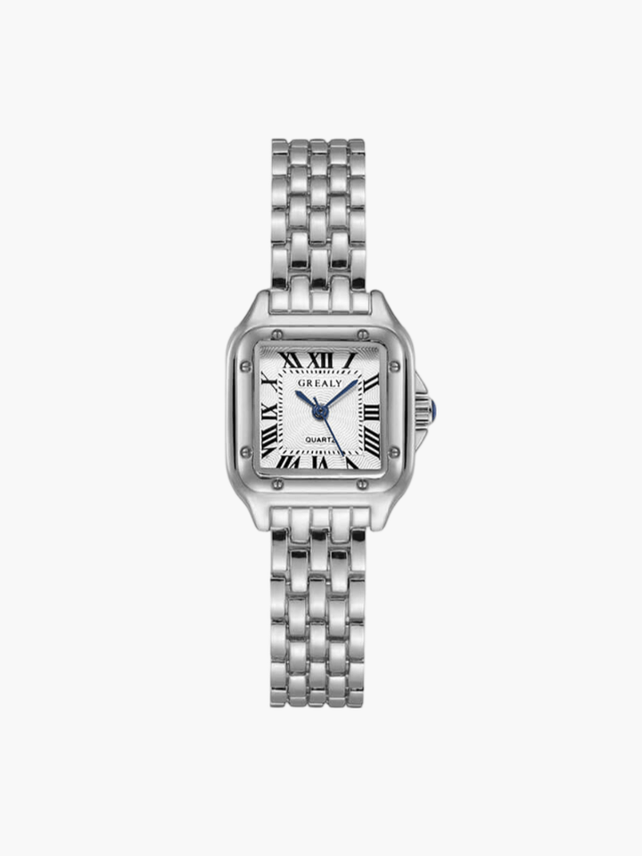 Woman wearing a sophisticated square quartz watch, showcasing its elegant design and precision.