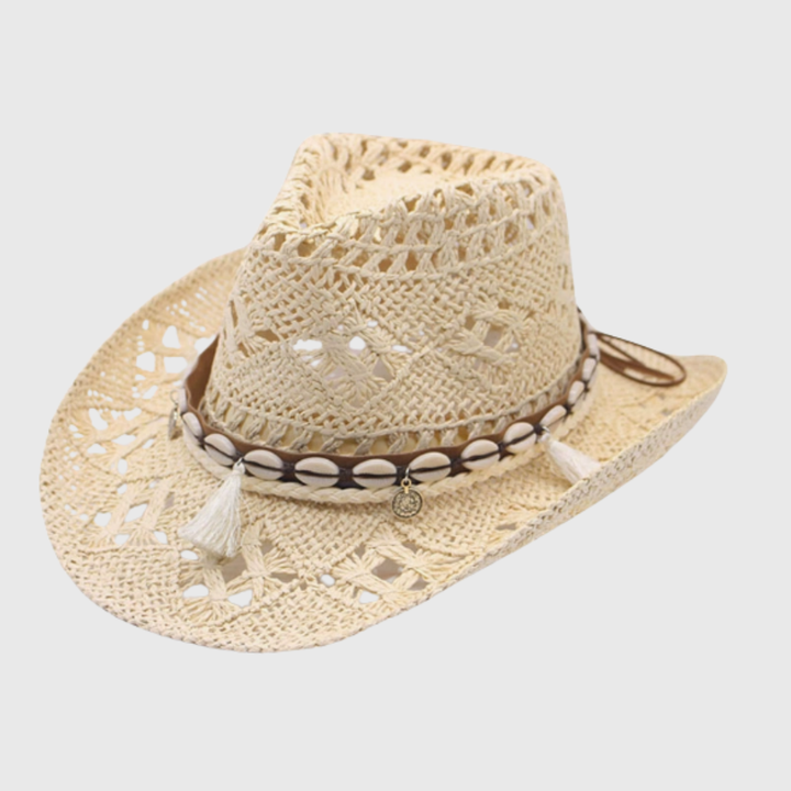 Stylish women's western-style cowboy hat with decorative band. Breathable wide brim for summer & beach.