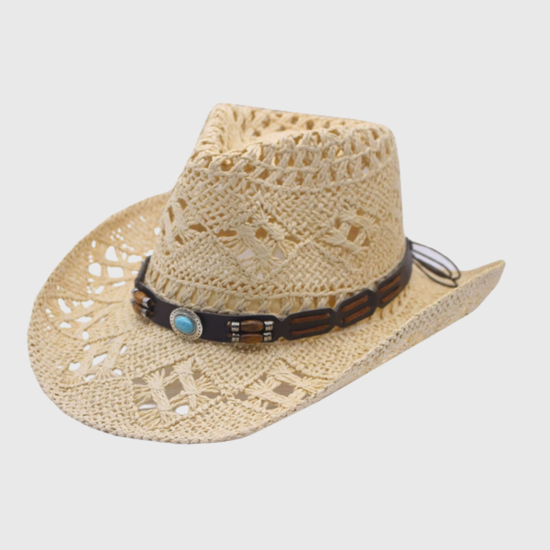 Fashionable women's wide-brim summer hat, offering excellent sun protection. Features a chic decorative band.