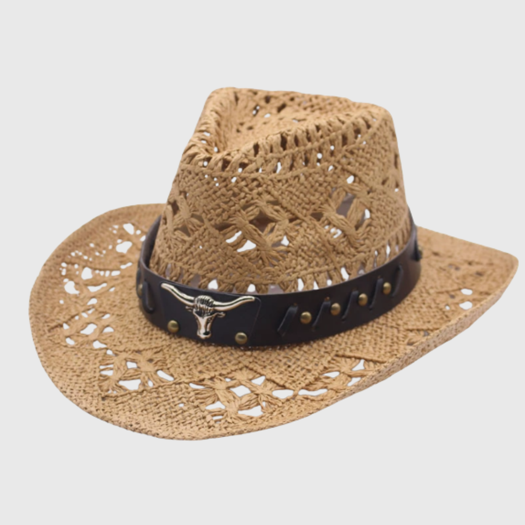 Chic women's western cowboy hat with wide brim, great for summer fashion & sun protection. Woven design.