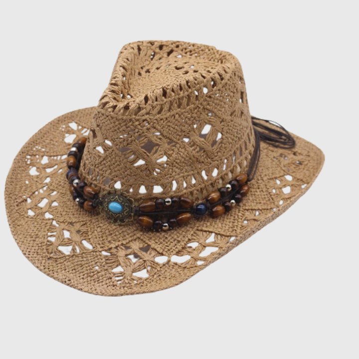 Breathable women's wide-brim cowboy hat, a stylish summer accessory for beach trips & sun protection.