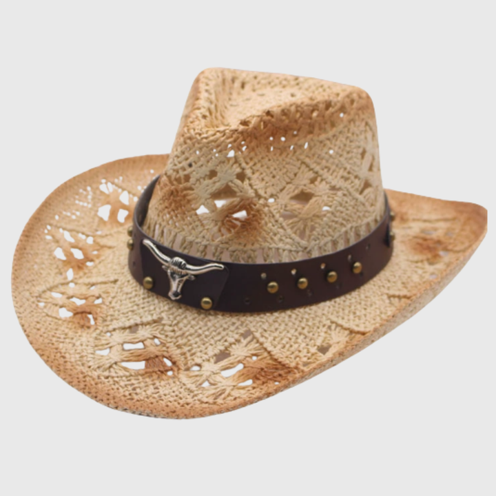 Trendy women's wide-brim summer hat with decorative band, providing stylish sun protection & western flair.