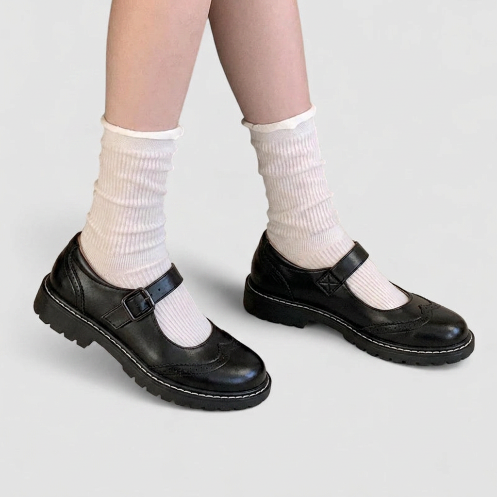 Stylish women's vintage brogue Mary Jane shoes featuring a chunky sole, classic design & comfortable orthopaedic support.