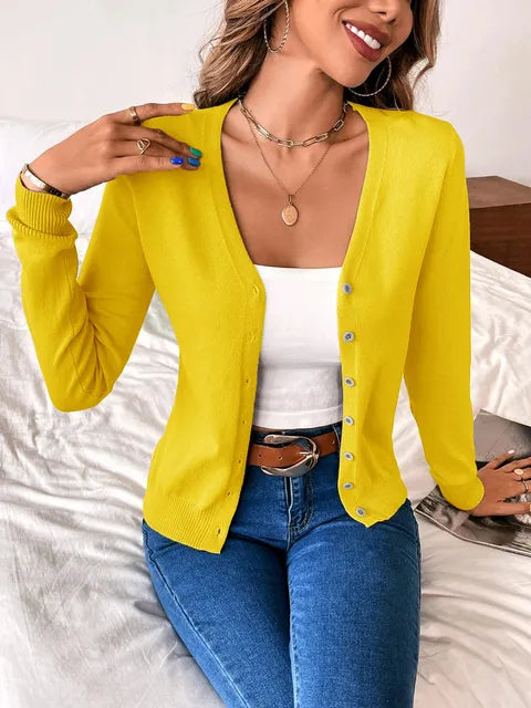 Women's classic v-neck knit sweater, shown on model. Stylish long sleeve top for elegant winter fashion.