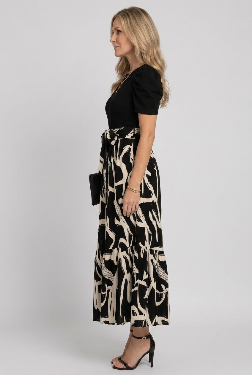 Avelyn women's spring/summer maxi dress with short sleeves, abstract floral print. Comfortable vacation outfit.