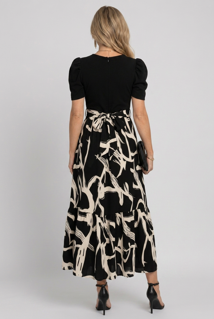 Elegant Avelyn women's short sleeve abstract floral maxi dress with a round neckline, ideal for summer fashion.