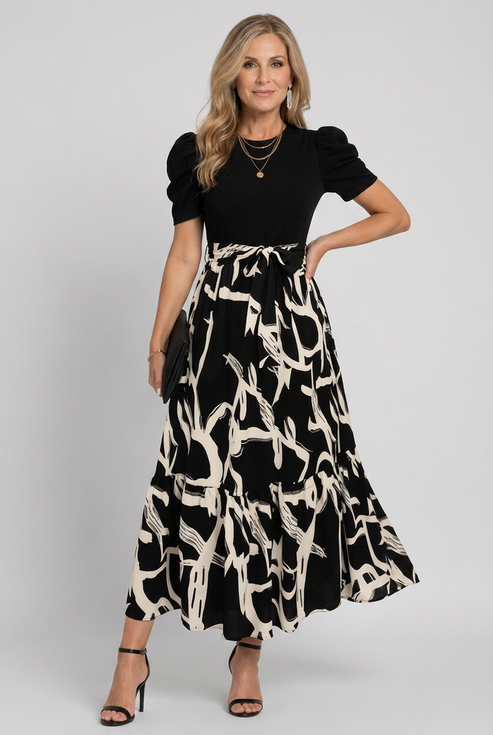 Women's Avelyn short sleeve abstract floral maxi dress, elegant and flowing, perfect for summer casual wear.