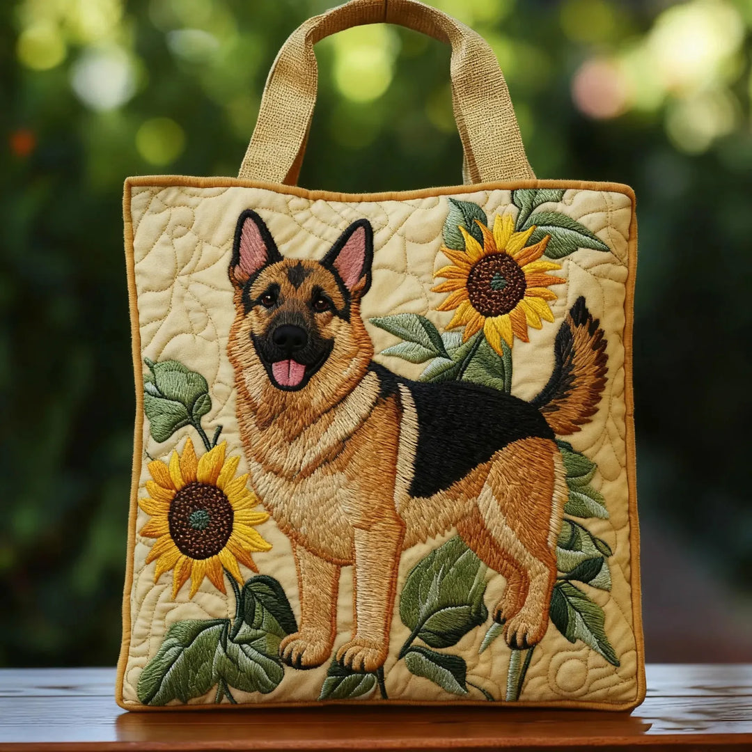 Women's padded tote bag with German Shepherd & floral print. Stylish carryall for dog lovers.